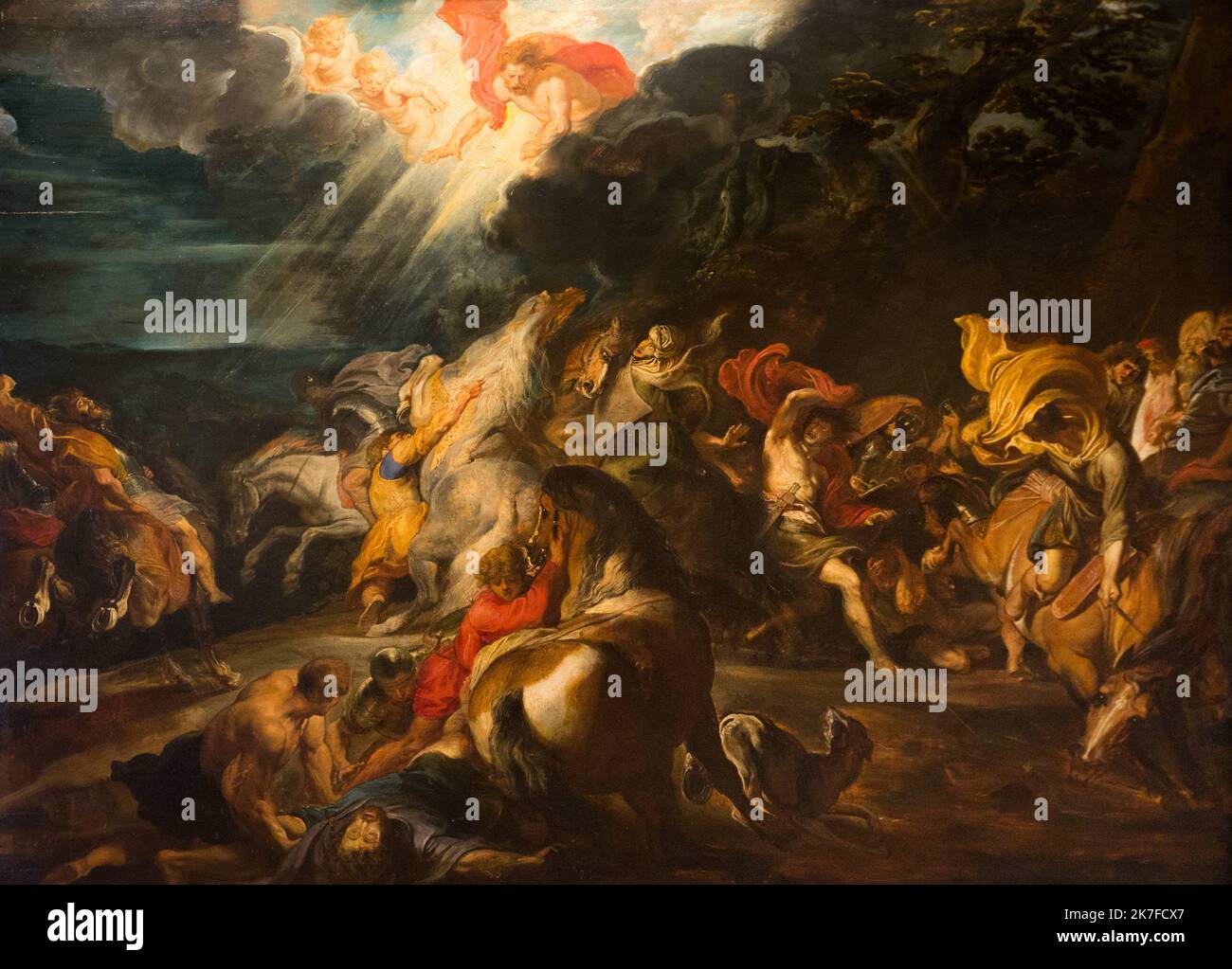 ©Active Museu/MAXPPP - ActiveMuseum 0006304.jpg / La Conversion de St Paul Conversion de Paul au christianisme sur la Route de Damas. L'eclairage sur le Christ et la scene comprimee sont typiques de l'Oeuvre de Rubens. 1610 - / Pierre Paul Rubens / Peinture Active Museum / Le Pictorium Angel, Barock, Christus, Wolke, wolkiger Himmel, Kontrast, Wald, Gruppe, Horizontal, Pferde, Licht, Nacht, Panik, Paul, Menschen (Nation), Straße, Römer, Heiliger, Himmel, gestreut, Dämmerung, Damaskus, Mittlerer Osten, Syrien, St. Paul, 17. Jahrhundert, Peter Paul Rubens, Malerei, Stockfoto