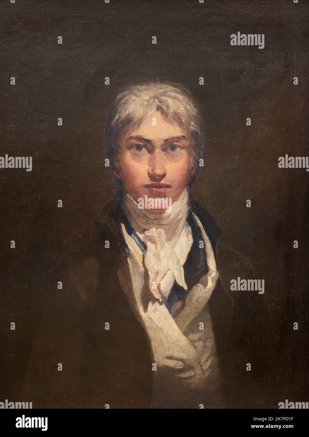 ©Active Museu/MAXPPP - ActiveMuseum 0006482.jpg / Autoportrait, le peintre avait alors 24 ans loraufhört'il peignit cette toile, et elle marque possiblement un Moment important de sa carriere, son election comme associer de la Royale Academie. 1799 - / Joseph Mallord William Turner / Peinture Active Museum / Le Pictorium Brauner Hintergrund, Nahaufnahme, direkter Blick, Mann von 20 bis 40 Jahren, historische Kostüme, Romantik, Schal, Selbstporträt, Vertikal, J. M. W. Turner, 18. Jahrhundert, Malerei, Stockfoto