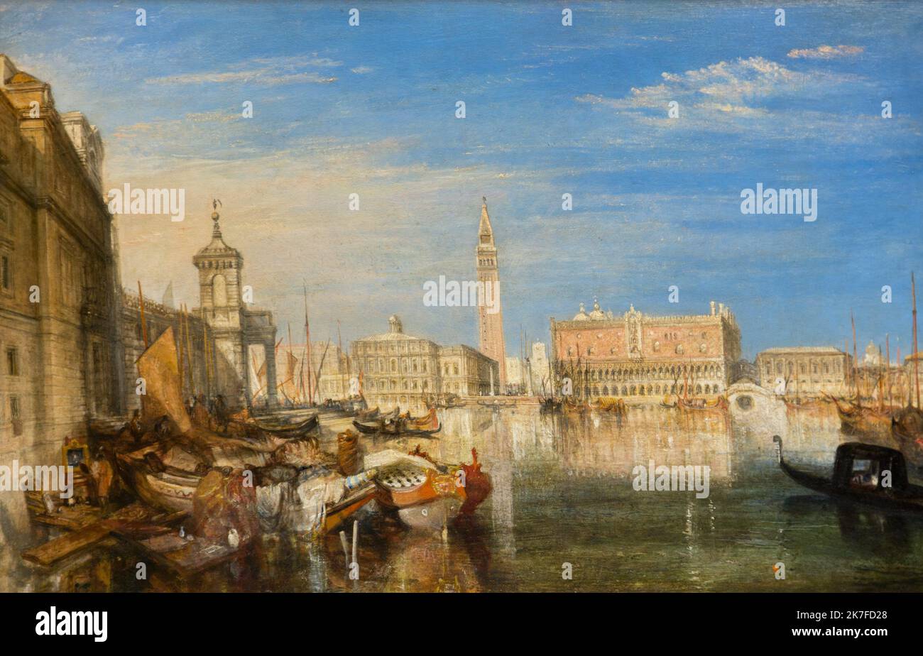 ©Active Museu/MAXPPP - ActiveMuseum 0006495.jpg / Le pont de Sighs, Palais Ducal et Custom-House, de Venise: la peinture de Canaletti, c'est la Premiere vue sur Venise que peignit Turner. Cette peinture est un Hommage a un Grand peintre venicien, Antonio Canaletto, Qui a vecu la dans la Premiere Partie du siecle dernier 1833 - / Joseph Mallord William Turner / Peinture Active Museum / Le Pictorium Blauer Himmel, Boot, Stadt, Gondel, Horizontal, Palast, Portuarlandschaft, Meer, Turm, Tribute, Europa, Italien, Venetien, Venedig, Westeuropa, 19. Jahrhundert, J. M. W. Turner, Malerei, Stockfoto