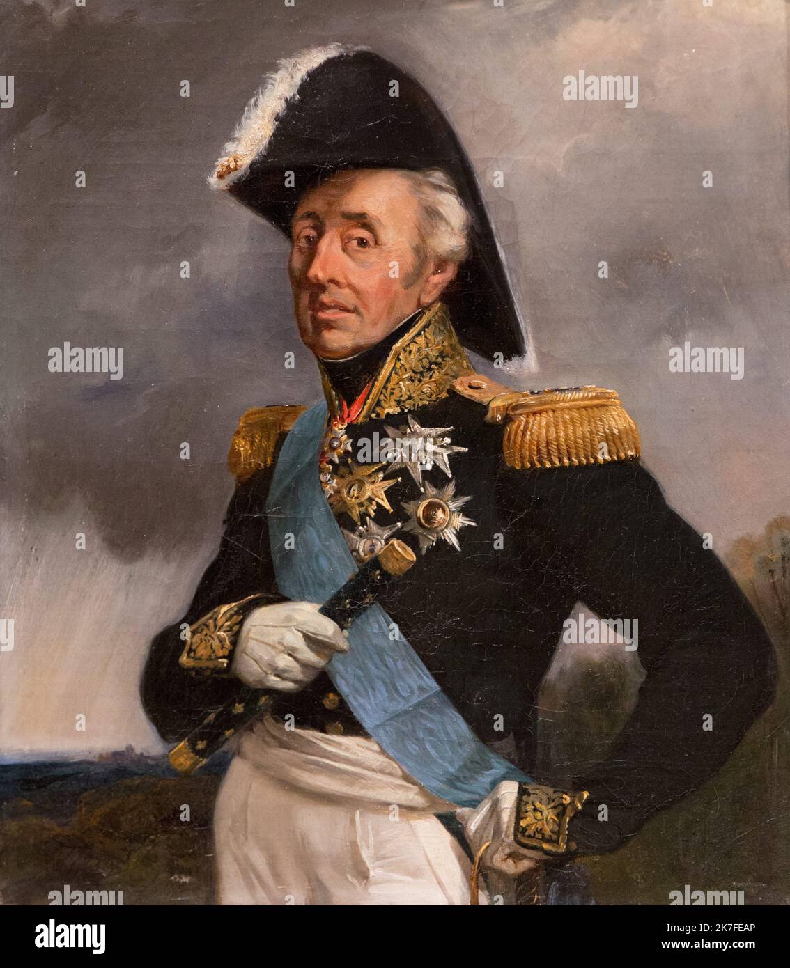 ©Active Museu/MAXPPP - ActiveMuseum 0006628.jpg / Portrait du Marechal de Hohenlohe Bartenstein portant les Ordre du Saint-Esprit, de Saint-Louis, de Charles III, du Phenix, De Hohenlohe et de la Legion d'honneur / Anonyme / Peinture Active Museum / Le Pictorium bicorne Hut, Close-Medium Schuss, Küstenlandschaft, direkter Blick, Hand auf den Hüften, Mann, Medaille, Militäruniform, Schal, Zepter, Stehkragen, Vertikal, Marschall von Hohenlohe Bartenstein, 19. Jahrhundert, Anonym, Malerei, Stockfoto