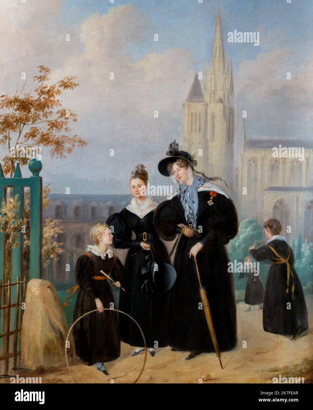 ©Active Museu/MAXPPP - ActiveMuseum_0006640.jpg / Dames Educatrices et eleves de la Maison d'Education de la Legion d'honneur de Saint-Denis sous la Monarchie de Juillet / Ecole Francaise XIX / Peinture Active Museum / Le Pictorium 5 Personen ,Schwarzes Kleid ,Gebäude () ,Kathedrale ,Kind ,Kreis ,Wolkenbedeckter Himmel ,Tor ,Spitze ,Legion Ehre, Schal, Lehrer, Track, Vertikal, Frauen, Frauenhut, Europa, Frankreich, Ile-de-France (Region), Saint-Denis (Pariser Viertel), seine-Saint-Denis, Westeuropa, 19. Jahrhundert, Französische Schule XIXc, Malerei, Stockfoto