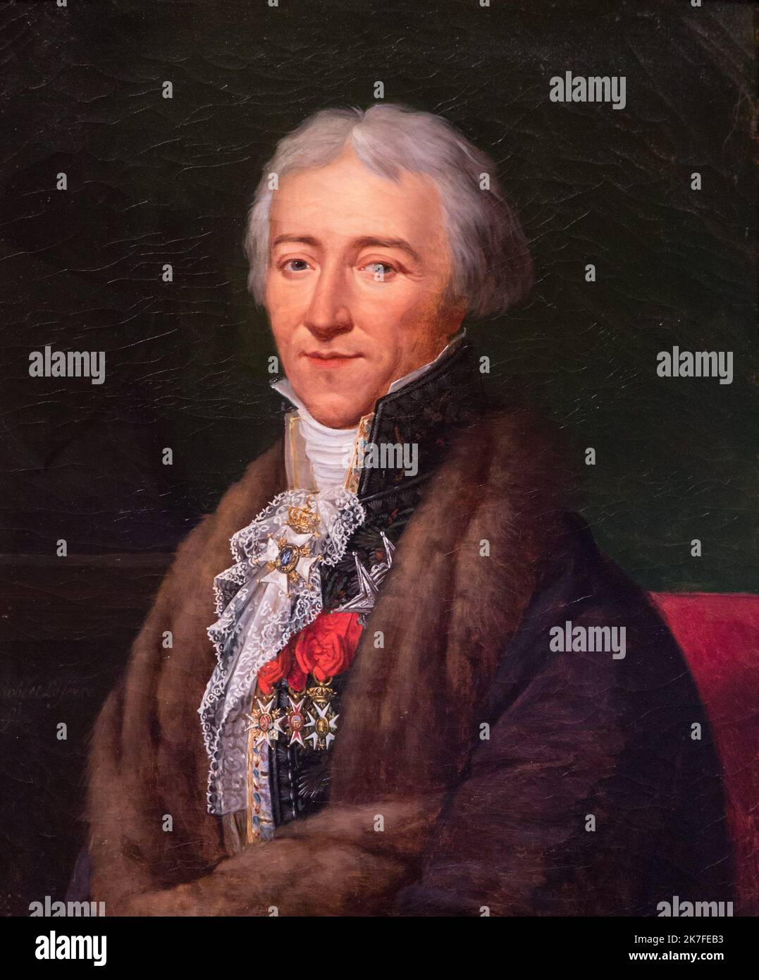©Active Museu/MAXPPP - ActiveMuseum 0006631.jpg / Jean-Francois Baron de Bourgoing, Diplomate portant l'Ordre de l'Etoile polaire / Robert Lefebvre / Peinture Active Museum / Le Pictorium Baron, Close-Medium Shot, Diplomat, Direct Look, Pelz, grüner Hintergrund, Spitze, Mann, Medaille, kurzhaarige, sitzende (zu sein) ,Lächeln, Stehkragen, Dreiviertel-Profil, Vertikal, Baron von Bourgoing, 18.. Jahrhundert, Robert Lefebvre, Malerei, Stockfoto