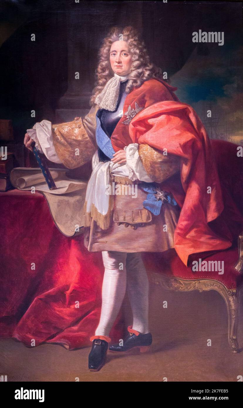 ©Active Museu/MAXPPP - ActiveMuseum 0006626.jpg / Le marechal Victor-Marie comte de Coeuvres, Duc d'Esthrees (1660-1737) 1835 - / Henri Decaisne / Peinture Active Museum / Le Pictorium Count ,Direct Look ,Drape ,Duke ,Ganzkörperaufnahme ,Hand auf den Hüften ,Innenansicht ,Spitze ,Mann ,Marechal ,Papier ,historische Kostüme ,Schal ,Stock ,Dreiviertel-Profil ,Vertikal ,Perücke ,19. Jahrhundert ,Henri Decaisne ,Malerei , Stockfoto