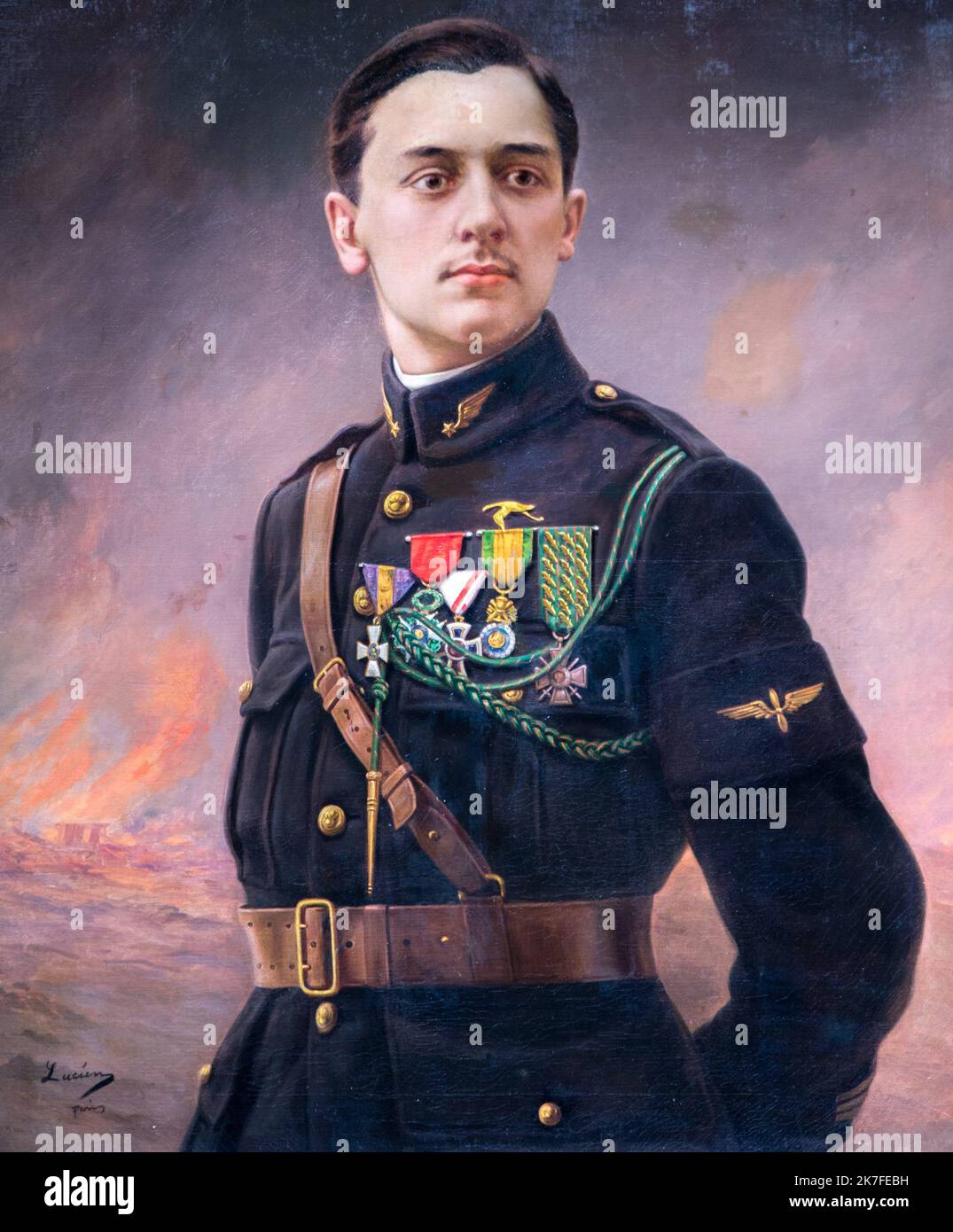 ©Active Museu/MAXPPP - ActiveMuseum 0006663.jpg / Georges Guynemer, un Grand homme parmi les hommes, un pilote de merite. Mort au Combat le 11, Septembre 1917. / Lucien / Peinture Active Museum / Le Pictorium Kapitän, Close-Medium Schuss, Elite, Flamme, Hände im Rücken, Indirekter Blick, Legion of Honor, Mann von 20 bis 40 Jahre alt, Medaille, militärische Uniform, Pilot (Luftfahrt), Stand-up-Kragen, Vertikal, Flügel (Flugzeug), Georges Guynemer, 19. Jahrhundert, Lucien, Malerei, Stockfoto
