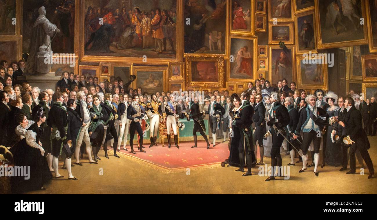©Active Museu/MAXPPP - ActiveMuseum 0006653.jpg / Charles X distribue des recompenses aux artiste a la fin du Salon de 1524, le 15 janvier 1825, d'Apres Francois-Joseph Heim / Etienne-Antoine-Eugene Ronjat / Peinture Active Museum / Le Pictorium Künstler, Menge, Horizontal, innen (Gebäude), König von Frankreich, Adel, Malerei, Belohnung, Salon der französischen Künstler, Charles X, 19. Jahrhundert, Etienne-Antoine-Eugene Ronjat, Stockfoto