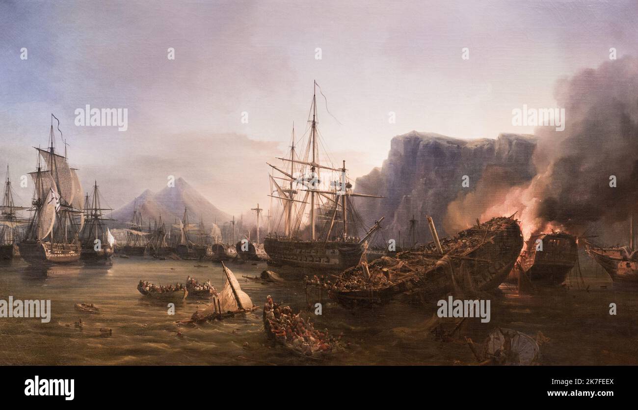 ©Active Museu/MAXPPP - ActiveMuseum 0006793.jpg / Le soir de la bataille de Navarin, 20 octobre 1827 1840 - / Auguste Mayer / Peinture Active Museum / Le Pictorium Schlacht, Bombardierung, Klippe, Feuer, Horizontal, Berg, Ruderboot, Segelboot, Rauch, drei-Master, Dämmerung Himmel, Kriegsschiff, Europa, Griechenland, Messenis, Pylos, Westeuropa, 19. Jahrhundert, Auguste Mayer, Malerei, Stockfoto