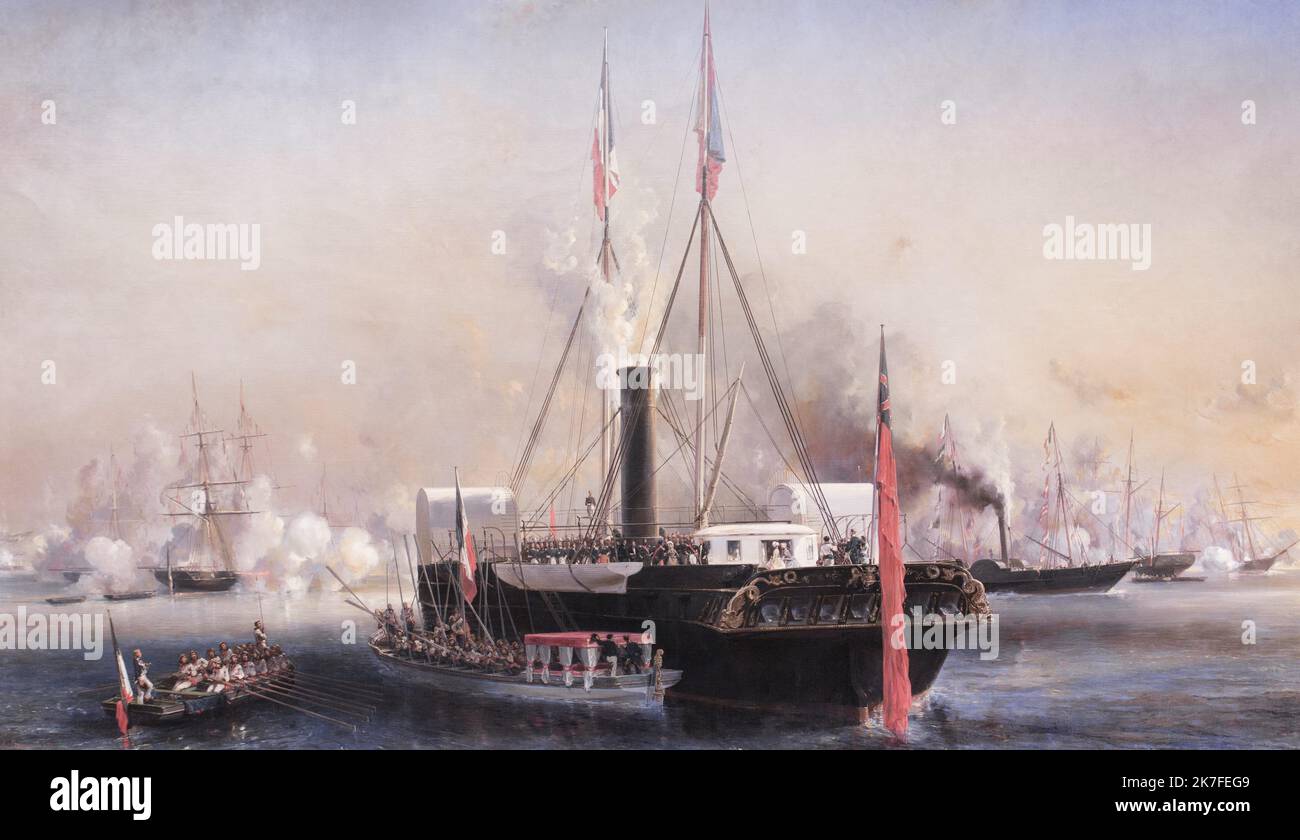 ©Active Museu/MAXPPP - ActiveMuseum 0006791.jpg / Visite de la reine Victoria au Treport, Septembre 1843 1844 - / Eugene Isabey / Peinture Active Museum / Le Pictorium Blauer Himmel, Flagge, Flagge Frankreichs, Horizontal, Militär, Ruderboot, Meer, kleines Boot, Dampfboot, Europa, Frankreich, Le Treport, Normandie, seine-Maritime, Obere Normandie, Westeuropa, 19. Jahrhundert, Eugene Isabey, Malerei, Stockfoto