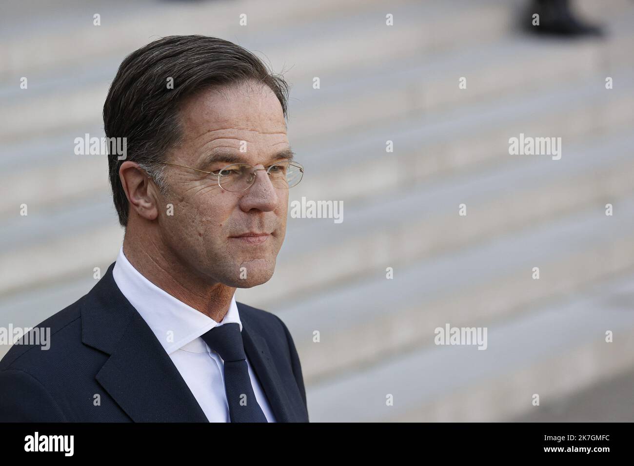 ©Sebastien Muylaert/MAXPPP - Paris 09/03/2022 der niederländische Premierminister Mark Rutte spricht vor einem Arbeitsessen mit dem französischen Präsidenten über die russische Invasion in der Ukraine im Präsidentenpalast von Elysee in Paris. 09.03.2022 Stockfoto