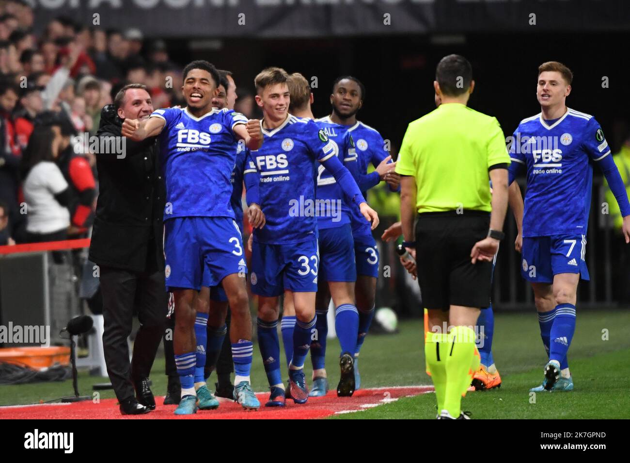 ©PHOTOPQR/LE TELEGRAM/Nicolas Creach ; Pariss ; 17/03/2022 ; FOTO Nicolas Creach / LE TELEGRAM. FUSSBALL (35) Roazhon Park ( Rennes ) LE 17 février 2022 Europa Conference League 8e de finale Stade Rennais / Leicester Score 2 à 1 Le but de Leicester inscrit par Wesley Fofana. UEFA Conference League, Runde von 16, 2.-Bein-Spiel de Football entre le Stade Rennais (Rennes) et Leicester City le 17 mars 2022 au Roazhon Park à Rennes, Frankreich Stockfoto