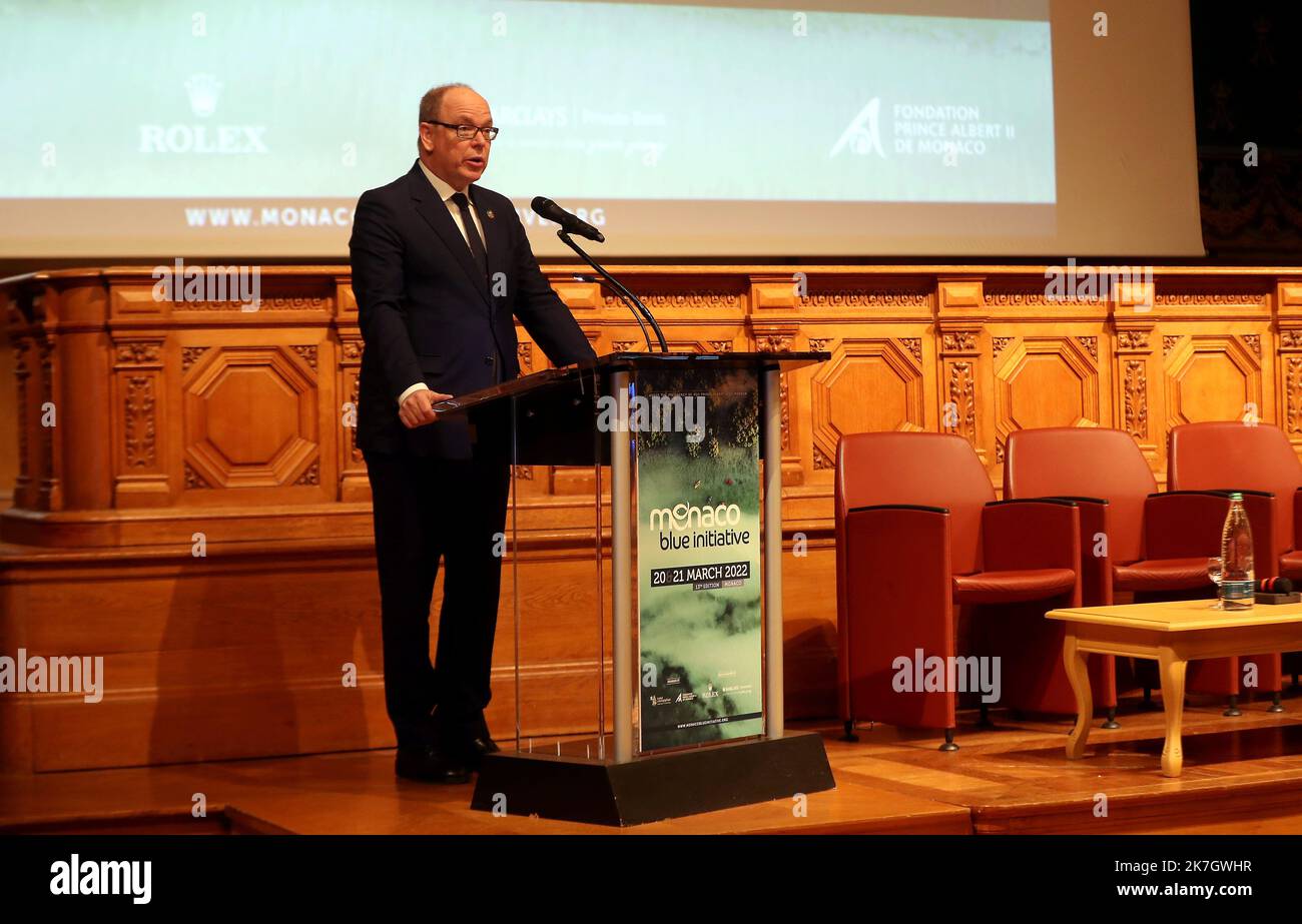 ©PHOTOPQR/NICE MATIN/Jean François Ottonello ; Monaco ; 21/03/2022 ; Monaco Blue Initiative avec le Prince Albert II et JohnKerry, envoye spécial chargé du climat, membre du cabinet du President américain JoeBiden - au musee oceanographique de Monaco - le Prince Albert II - Monaco märz 21. 2022. Initiative Monaco Blue mit Prinz-Albert II. Und John-Kerry Stockfoto