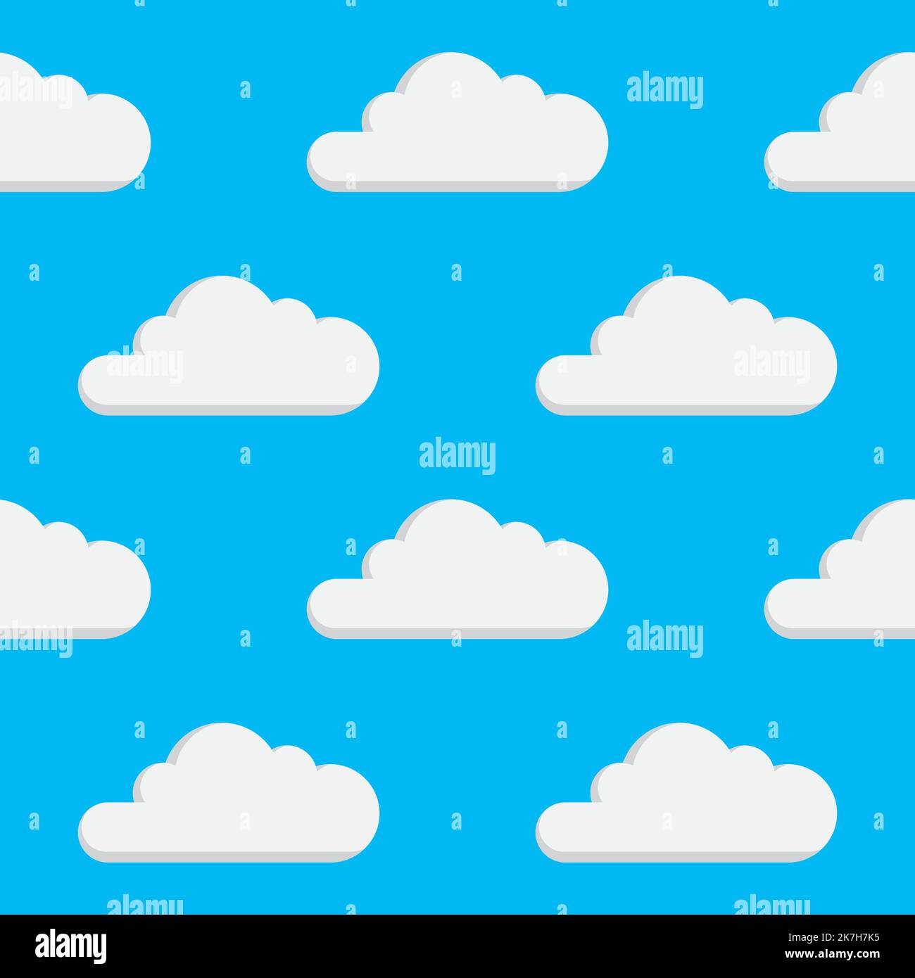 Cartoon Wolken schweben in einem blauen Himmel. Nahtlose, sich wiederholende Vektormuster-Textur von Wolken vor einem klaren, sonnigen blauen Himmel. Stock Vektor