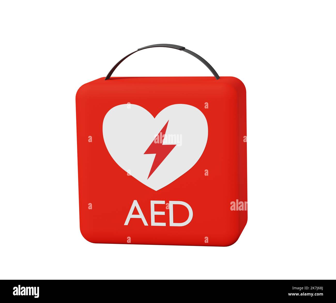 3D rote Box mit einem tragbaren Herzdefibrillator AED, isoliert auf weißem Hintergrund. Stockfoto