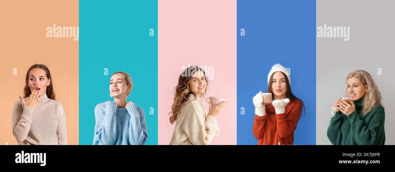 Collage von schönen jungen Frauen in Strickpullover auf farbigem Hintergrund Stockfoto