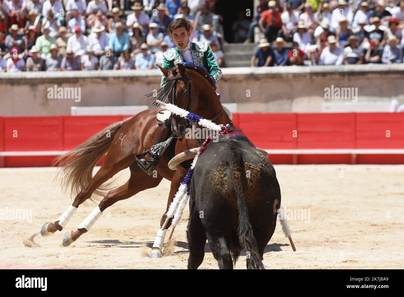 ©© CHRISTINE NUEL/WORLDPICLES/MAXPPP ; 6 JUIN 2022 / NIMES / FRANKREICH / FERIA DE PENTECOTE / CORRIDA EQUESTRE / GUILLERMO HERMOSO DE MENDOZA / Stockfoto