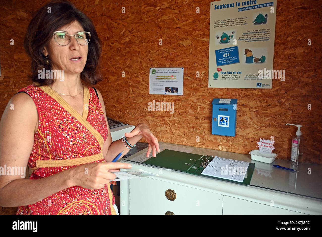 ©PHOTOPQR/DNA/Franck DELHOMME ; Rosenwiller ; 29/06/2022 ; La LPO a pour but d’agir pour l’oiseau, la faune sauvage, la nature et l’homme, et lutter contre le déclin de la biodiversité . Cathy Zell, chargée de Mission, dans la salle de réception des oiseaux, ouverte 24h/24.. A Rosenwiller, le 29 juin 2022. - Pflegezentrum des LPO. Der Zweck des OPA ist es, für Vögel, Wildtiere, Natur und Menschen zu handeln und den Rückgang der biologischen Vielfalt zu bekämpfen. Stockfoto
