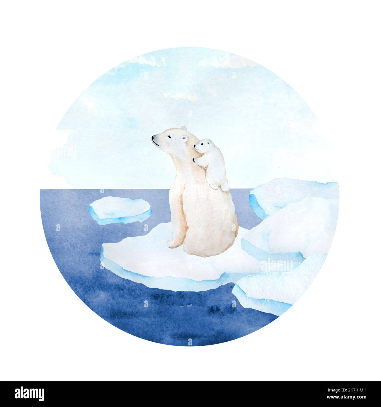 Aquarell handgezeichnete Illustration eines polaren weißen Bären. Tier Mutter Baby Junge Kind, nordischen Nordpol bedrohte Arten auf Eis Schnee Landschaft, ursus Klimaschutz Tundra Umwelt Stockfoto