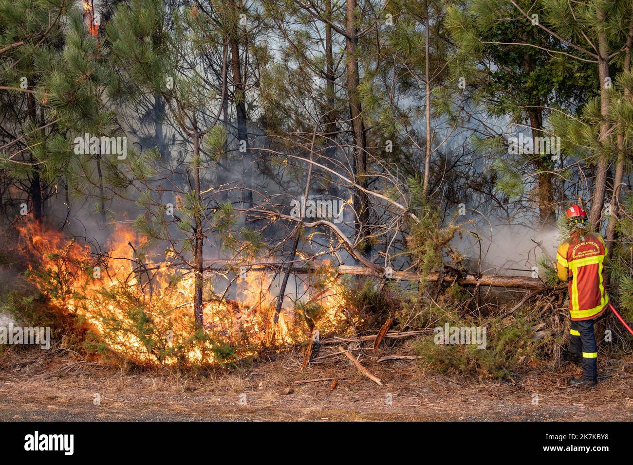 ©PHOTOPQR/Sud OUEST/David Thierry ; Bordeaux ; 18/09/2022 ; Bordeaux 18 Septembre 2022. ARES. INCENDIE, Incentidie sur le bassin d’Arcachon. Au moins 150 personnes sont en cours d’évacuation à Arès, sur le bassin d’Arcachon, où 70 Hektar ont Brûlé ce dimanche, depuis le début de l’après-Midi - mindestens 150 Menschen werden in Arès, im Becken von Arcachon, wo an diesem Sonntag 70 Hektar verbrannt wurden, evakuiert. Seit Beginn des Nachmittags Stockfoto