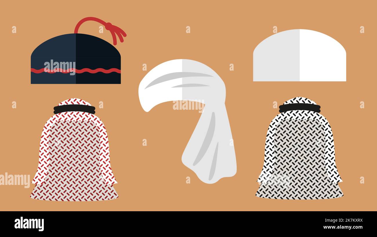 Eine Reihe von verschiedenen Arten von arabischen islamischen traditionellen Kopf tragen, Kappe, Vektor Vielfalt Illustration Stock Vektor