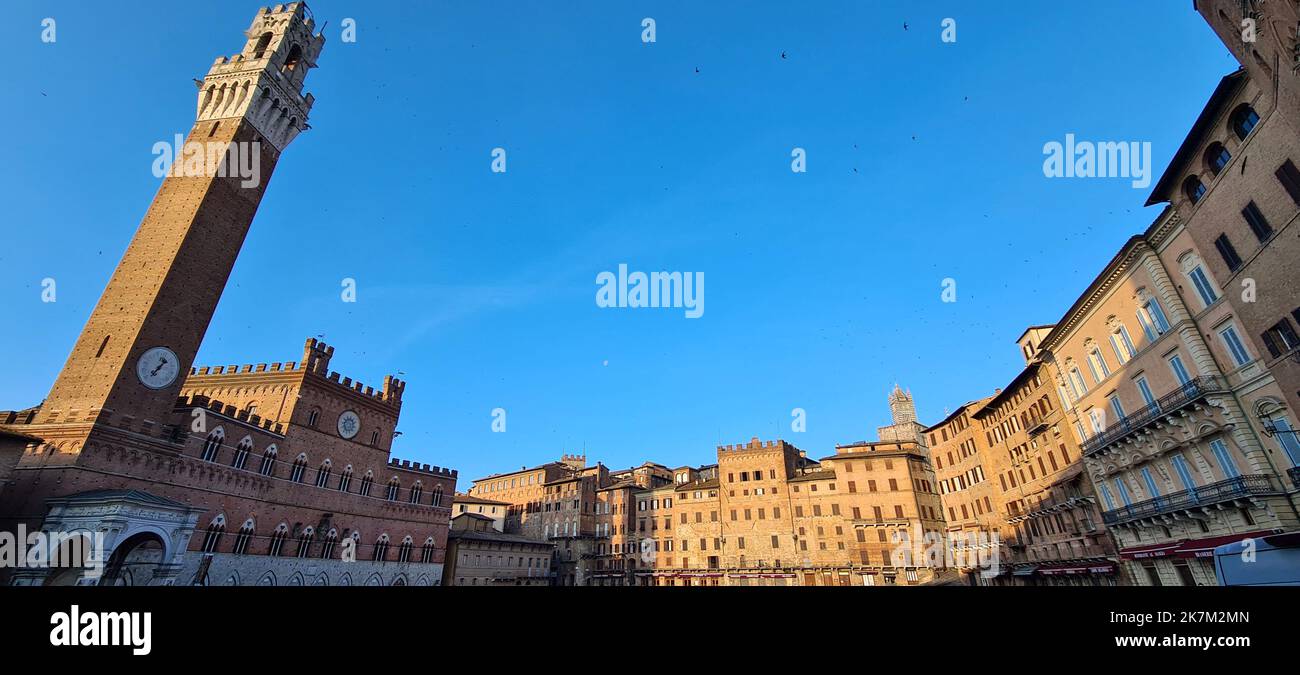 Piazza del Campo ist der muschelförmige Platz, auf dem der Palio di Siena stattfindet. Der Palazzo Pubblico und der Torre del Mangia dominieren den Platz Stockfoto