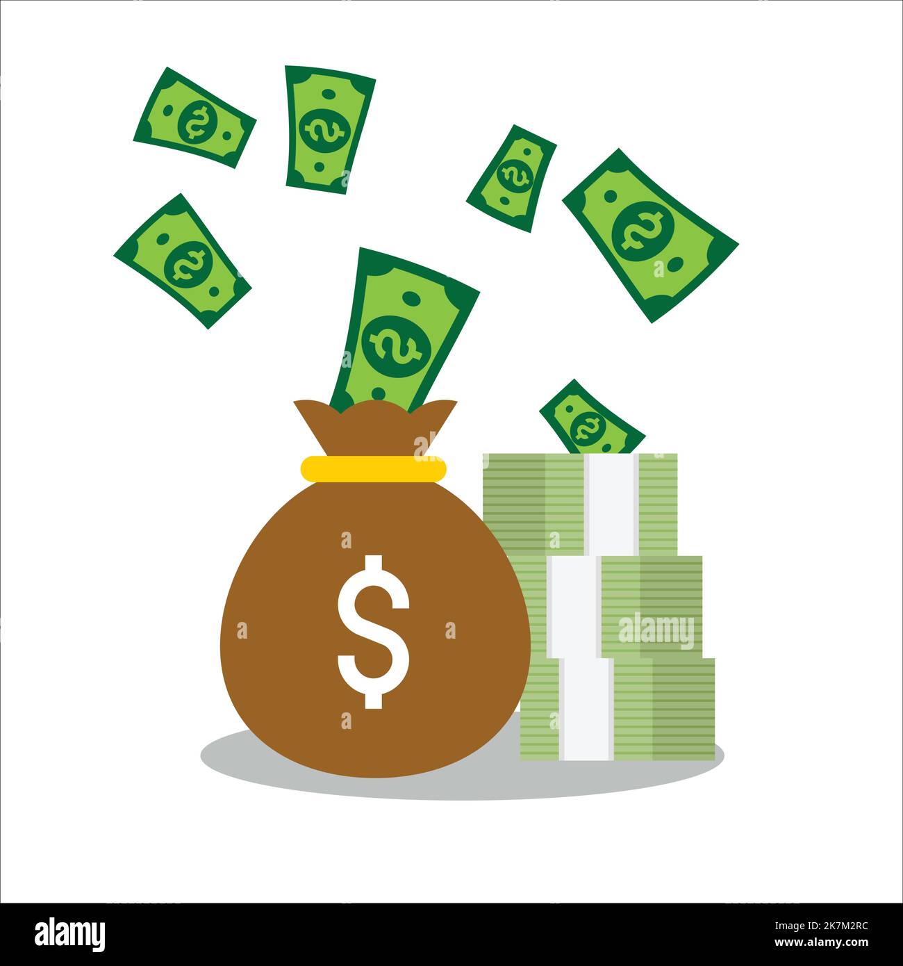 Geld fliegend aus dem Beutel voller Geld auf weißem, isoliertem Hintergrund Stock Vektor