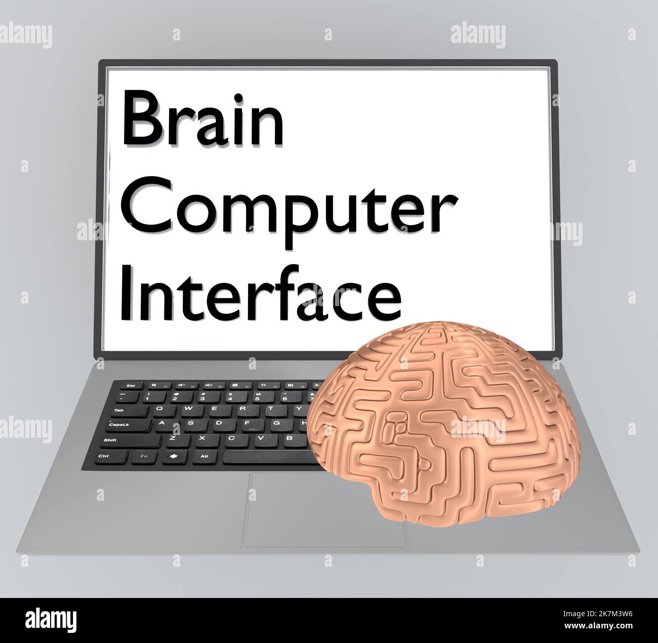 3D Illustration des Brain-Computer-Interface-Skripts auf dem Laptop-Bildschirm mit einem symbolischen Gehirn, isoliert über grau. Stockfoto
