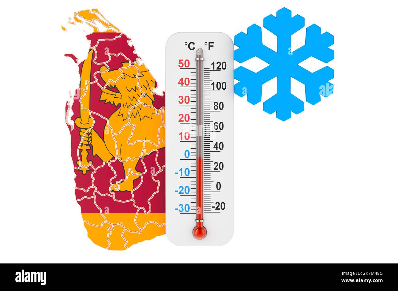 Extreme Kälte in Sri Lanka Konzept. 3D Darstellung isoliert auf weißem Hintergrund Stockfoto
