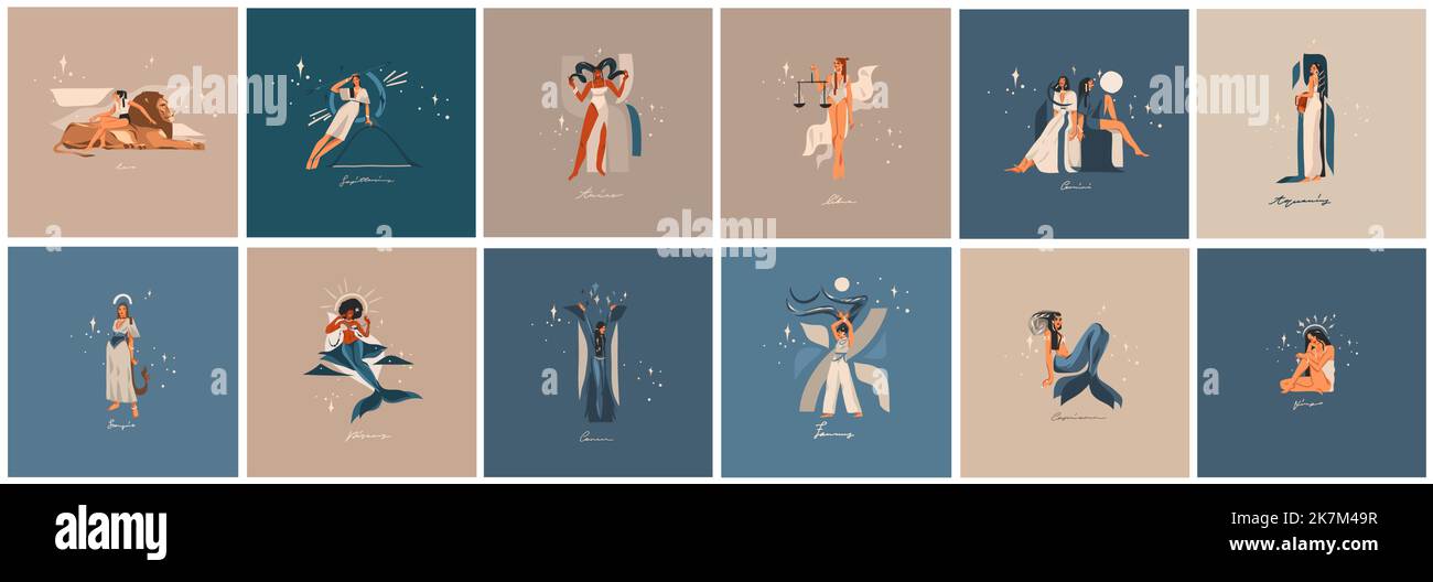 Handgezeichnete Vektor Stock abstrakte grafische Illustrationen mit Tierkreis astrologische zeitgenössische Zeichen Symbole Sammlung Set, Schönheit Magie weiblich Stock Vektor