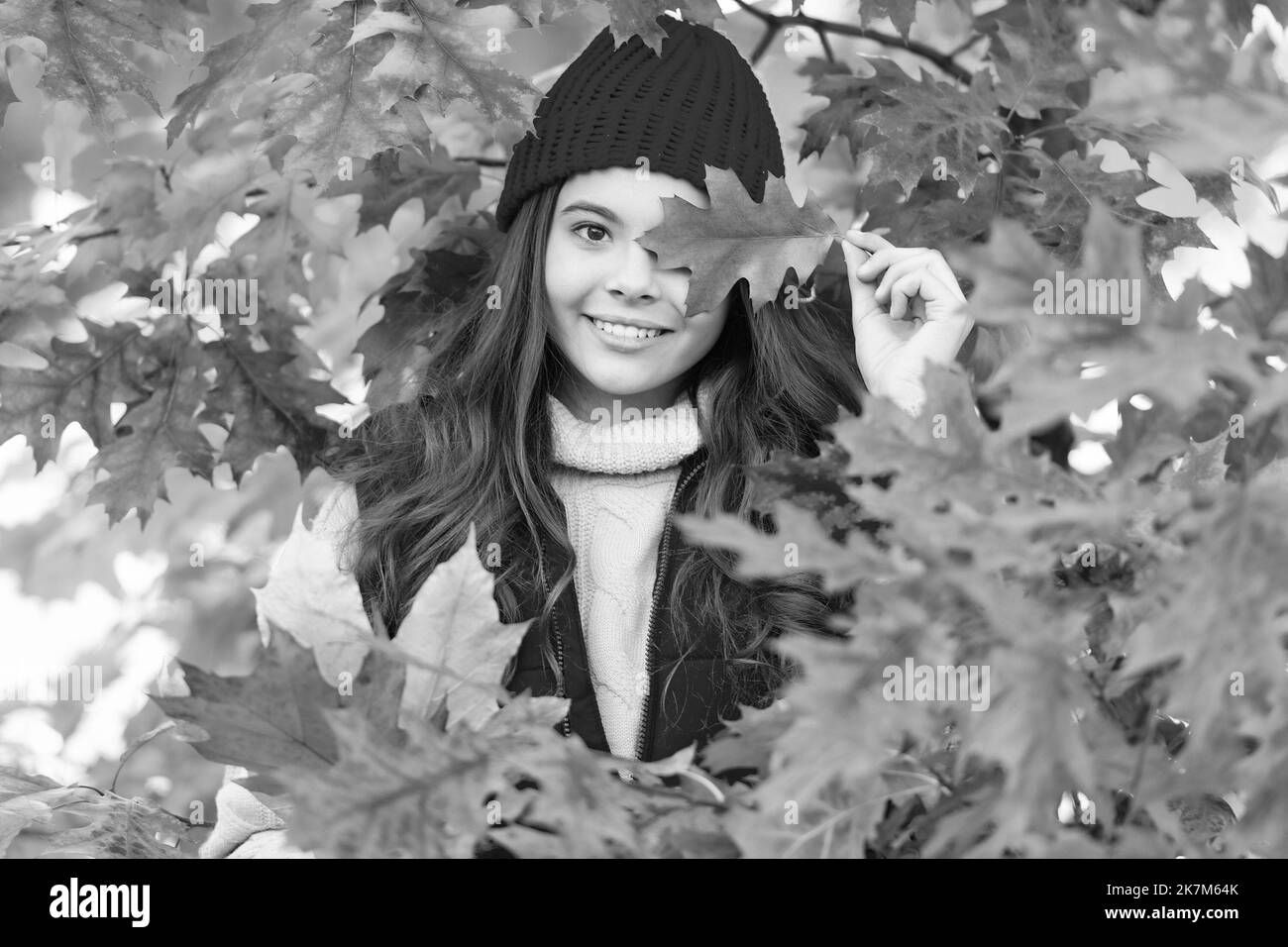 Happy teen Mädchen im Hut mit Herbst bunte Eichenbaumblätter, fallen Stockfoto