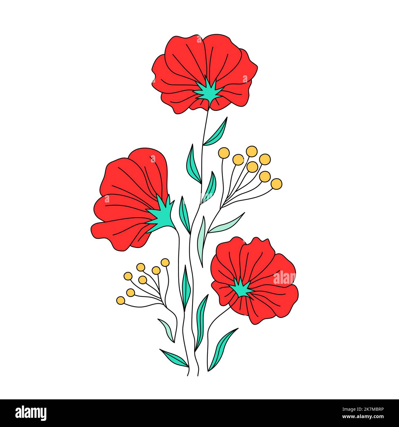 Wildblumen und Regenschirm Blumen Design, botanische Farbe dünne Linie Doodle. Florale Motive für Tattoo Print Wandkunst Cover. Ästhetisch elegant subtil einfach trendige Kontur Vektor Illustration. Stock Vektor