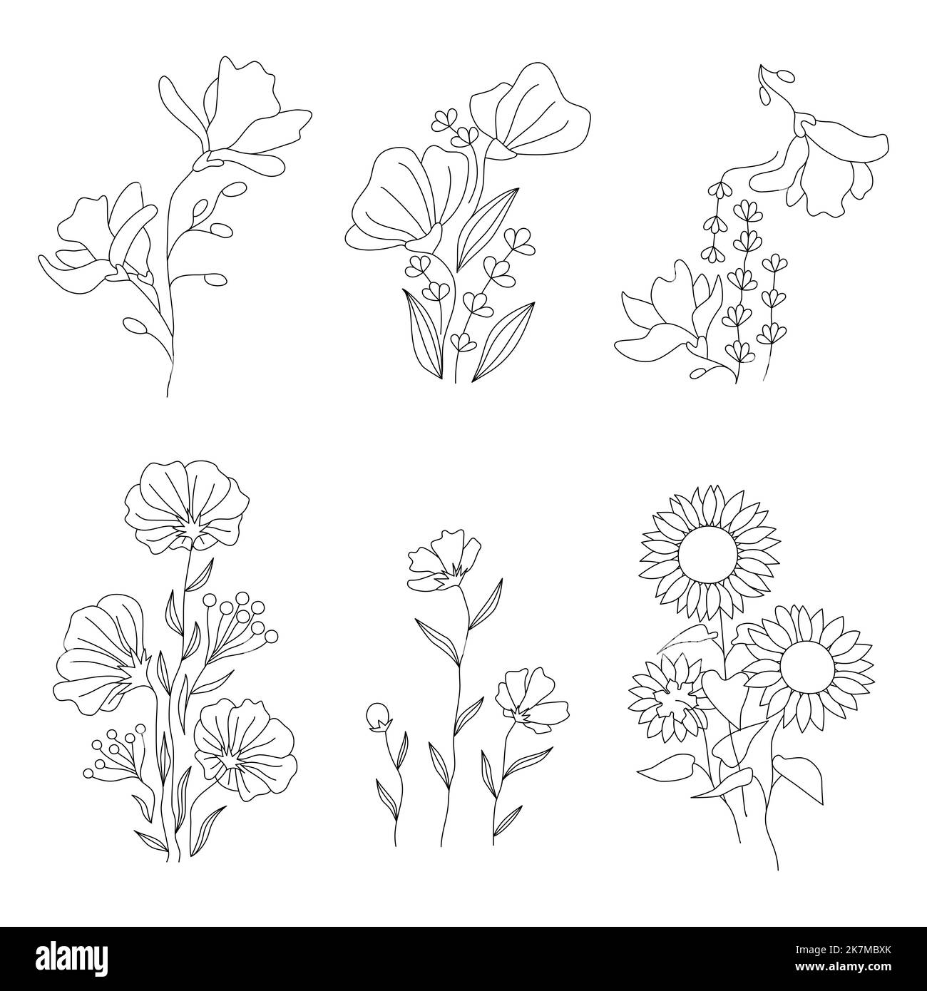 Linie Kunst Blumen Design Set. Florale Motive für Tattoo Print Wandkunst Cover. Magnolie, Chrysantheme, Lavendel, Mohn, shirley, Sonnenblume, helianthus Blüte Knospe Ast Blätter. Vektorgrafik Stock Vektor