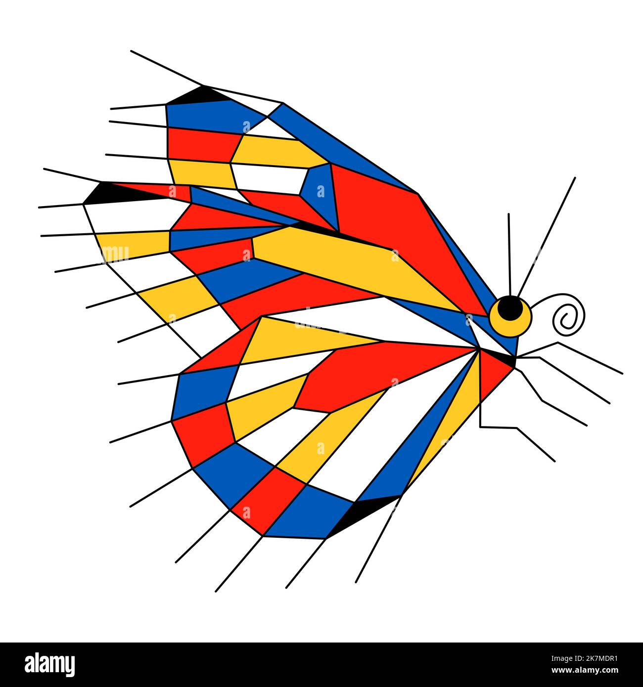 Abstrakte bunte Schmetterling Neoplastik, Bauhaus, Mondrian-Stil. Rot gelb blau Farben einfache Formen Insekt. Heim Interieur, Druck, Deckel, Logo, Emblem Vektor Illustration Element Stock Vektor