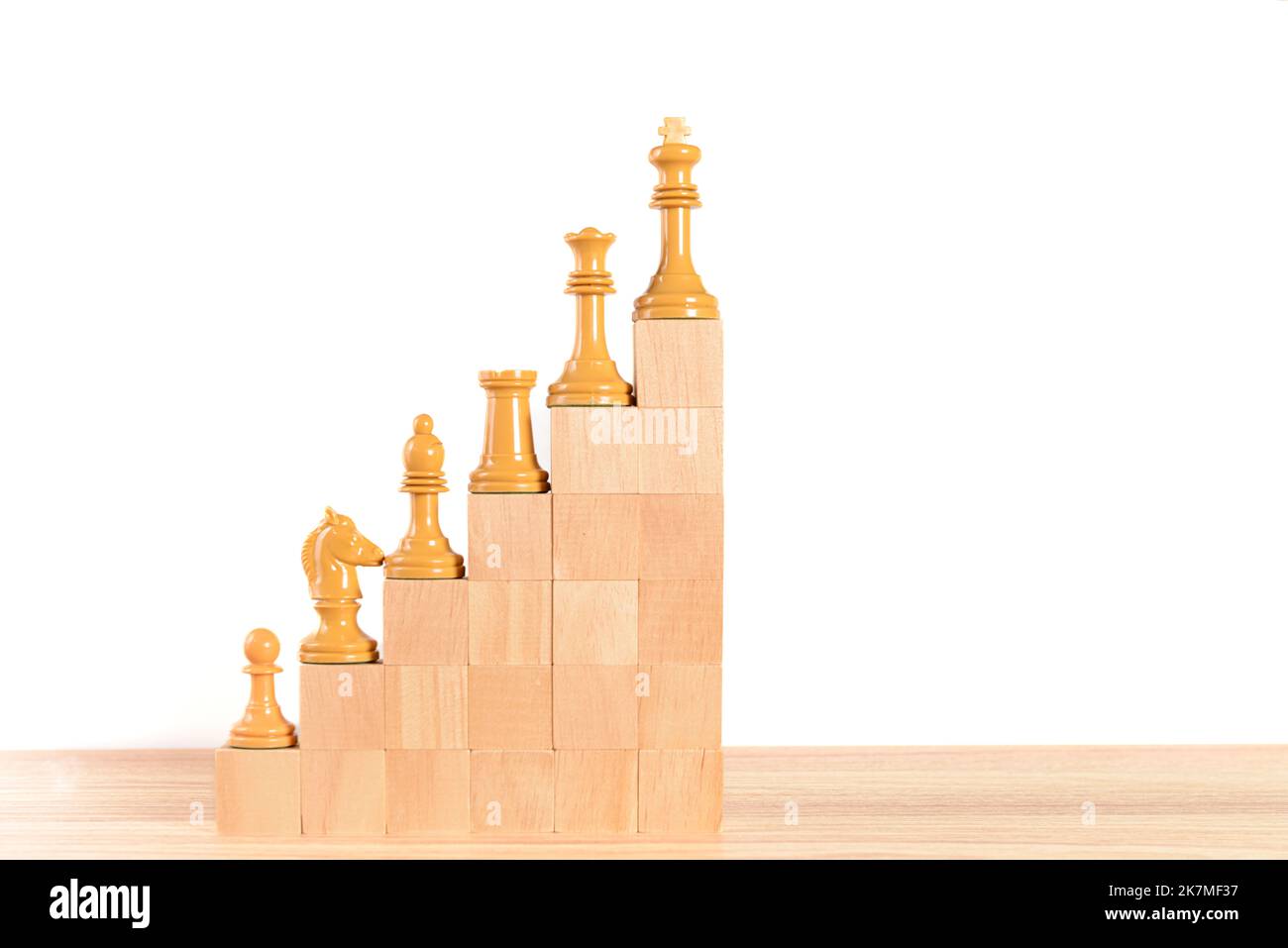 Weiße Schachfiguren auf einer hölzernen Blocktreppe, auf weißem Hintergrund. Konzept für Wachstum, Verbesserung, Führung und Erfolg. Platz zum Kopieren. Stockfoto