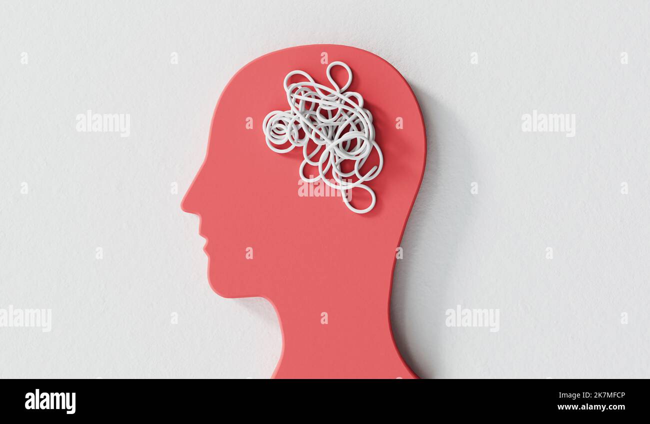 Konzept der psychischen Gesundheit. Chaotisches Gehirn, Persönlichkeit und Emotionen verstrickt. 3D Rendering Stockfoto