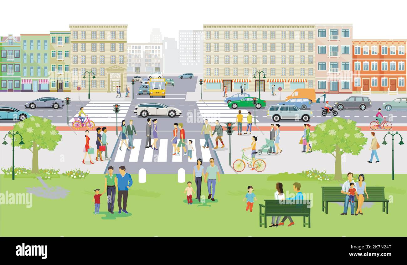 City Silhouette mit Fußgängern im Wohnviertel mit Stadtpark, Illustration Stock Vektor