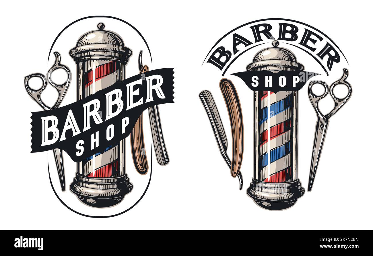Barbershop-Emblem. Frisierstange, Schere, Rasiermesser. Haarschnitt und Rasur, männliches Beauty-Salon-Logo. Vektorgrafik Stock Vektor