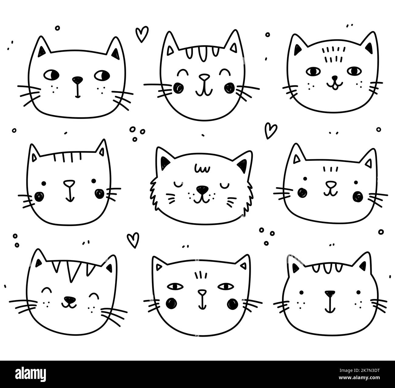 Doodle Set von glücklichen und entzückenden Katzen isoliert auf weißem Hintergrund. Niedliche Tiere. Handgezeichnete Vektorgrafik. Perfekt für Dekorationen, Karten, Logo, verschiedene Designs. Einfache Comic-Figuren. Stock Vektor