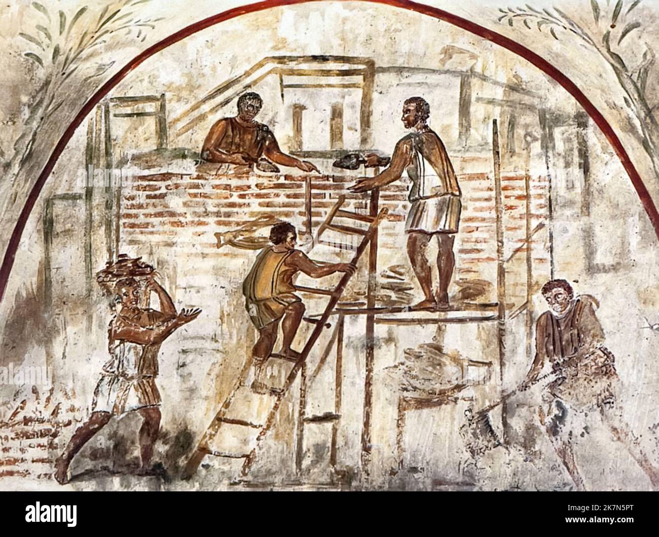 Römisches Wandgemälde, das den Bau einer Villa im Grab des Trebius Justus aus dem 4.. Jahrhundert, Via Latina, Rom, Italien, zeigt. Stockfoto