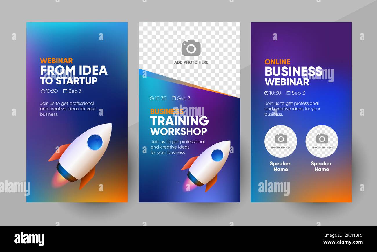 Vorlage für Social-Media-Storyvorlagen für Webinare in Unternehmen. Hintergrund und Business Startup 3D Illustration für Social Media Banner Post Design in Vektor. Bearbeitbares Layout mit einem Bildort. Stock Vektor