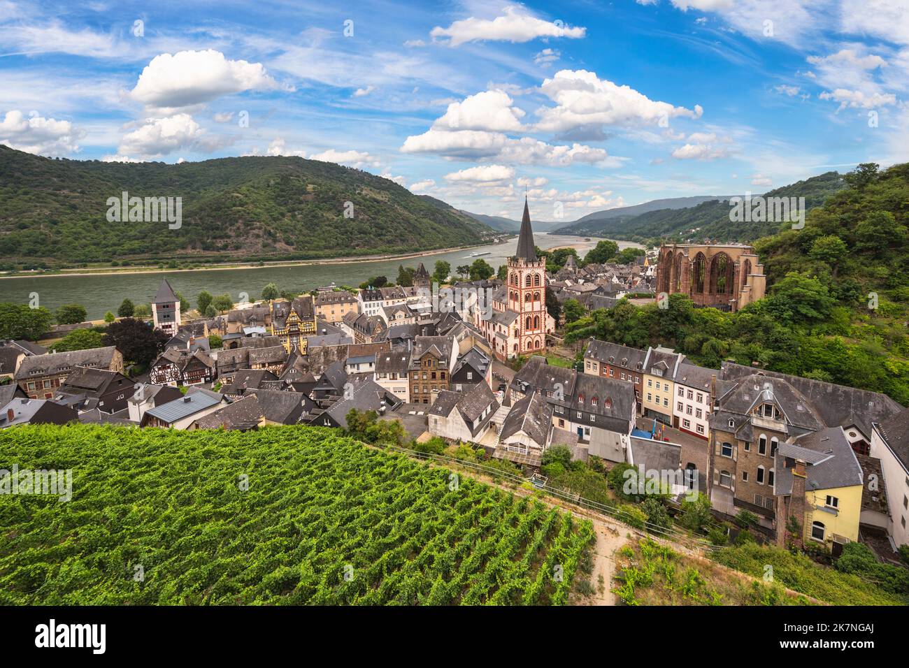 Bacharach Deutschland, Skyline der Stadt Bacharach und Blick auf den Rhein vom Weingarten Stockfoto