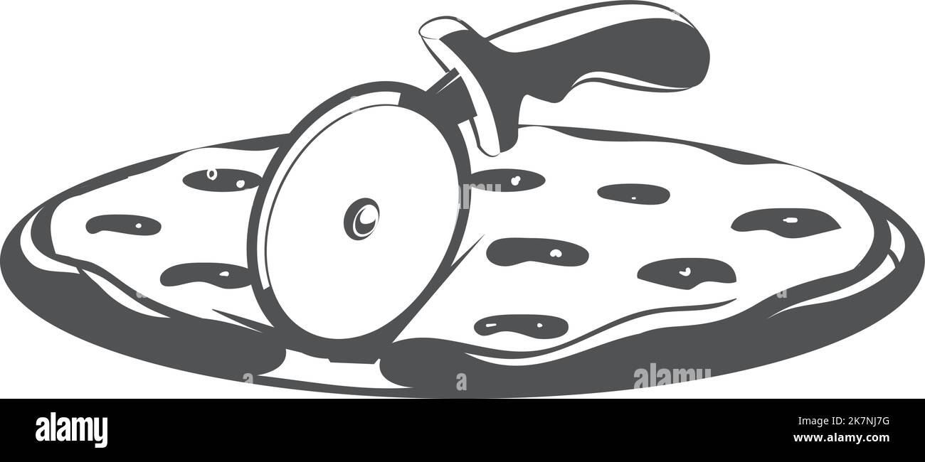 Pizzaschnitt mit Messer. Retro Pizzeria Emblem Vorlage Stock Vektor