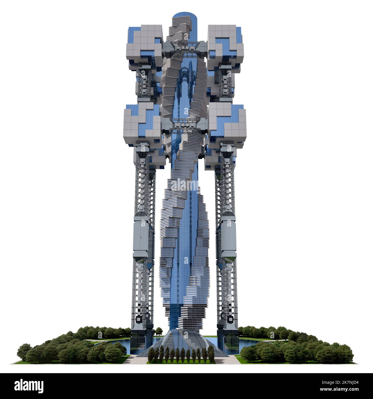 3D futuristische Stadtarchitektur mit dem Isolationspfad in der Abbildung dargestellt. Stockfoto