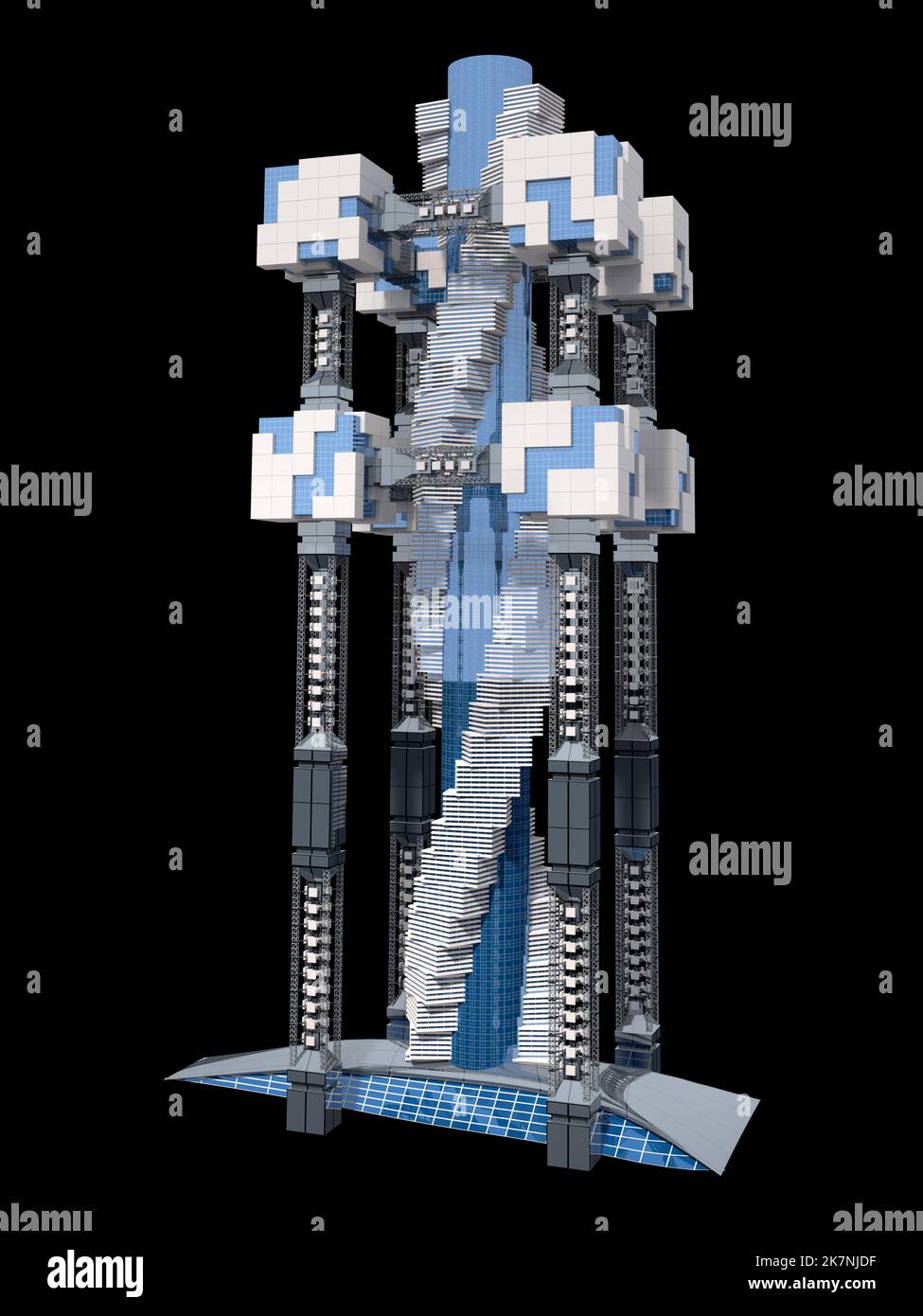 Futuristische Stadtarchitektur mit einer Hochhausstruktur für Spielhintergründe oder Science-Fiction-Grafiken. Der Beschneidungspfad ist in der 3D-Abb. enthalten Stockfoto