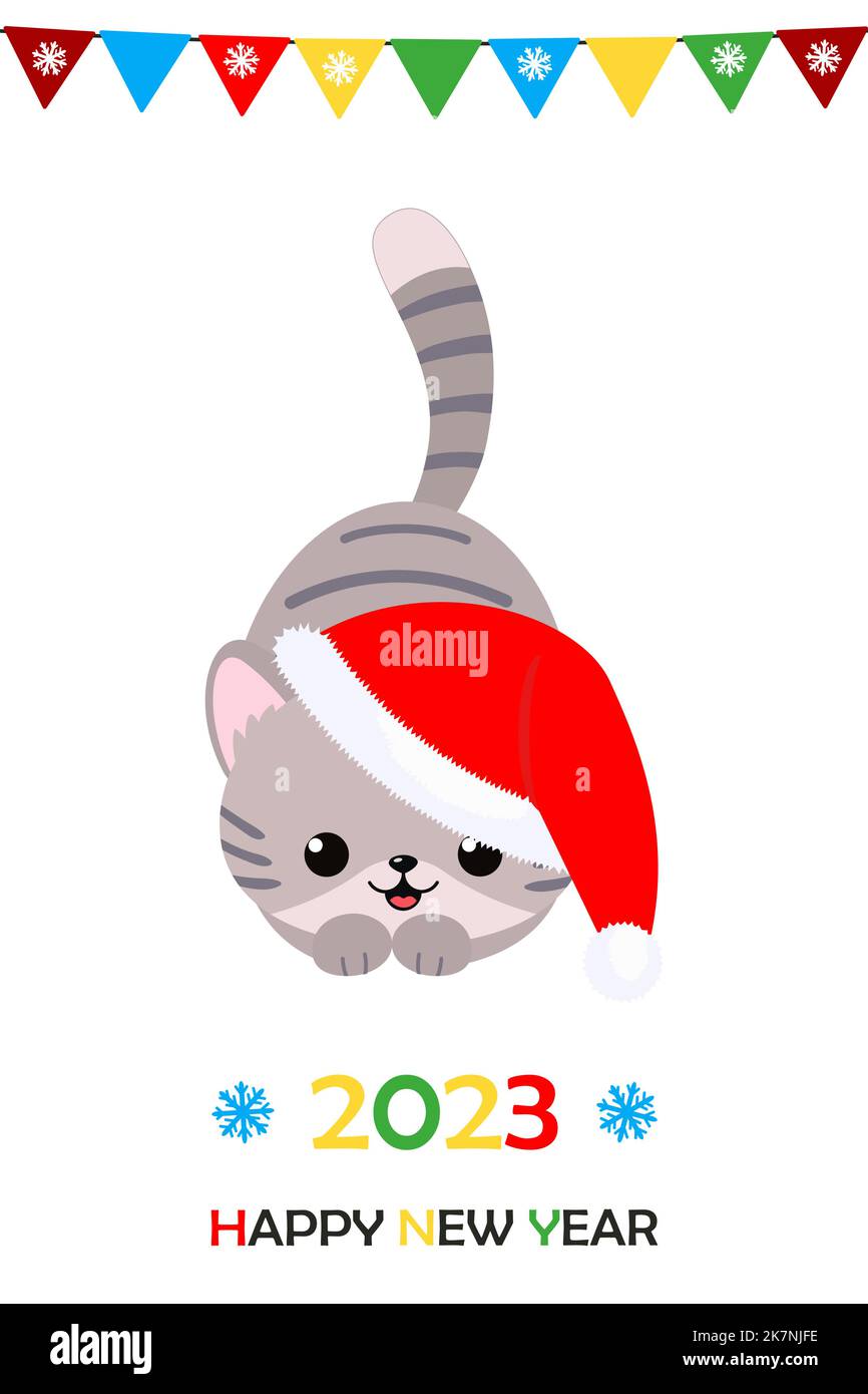 Niedliche Katze im Weihnachtshut. 2023. Frohes Neues Jahr Stock Vektor