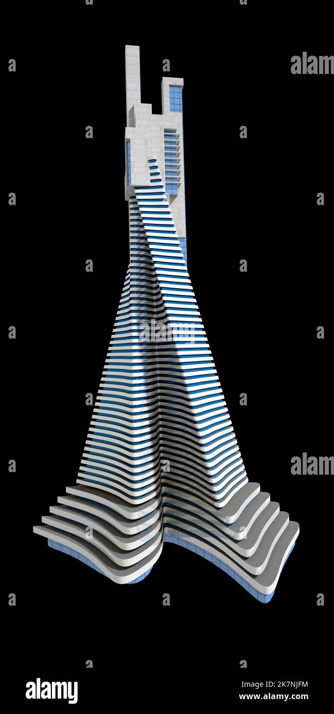 3D futuristische Stadtarchitektur mit dem Isolationspfad in der Abbildung dargestellt. Stockfoto