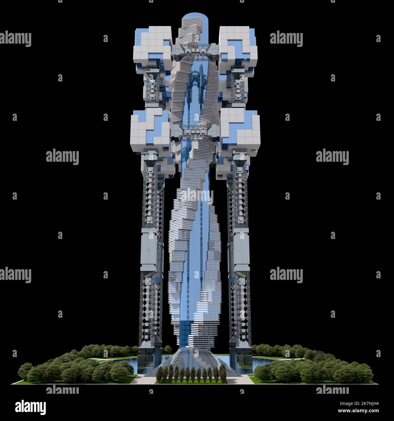 Futuristische Hochhausarchitektur mit einem landschaftlich gestalteten platz für Spielhintergründe oder Science-Fiction-Stadtlandschaften, gestaltet mit dem Clipping Path inklusive Stockfoto