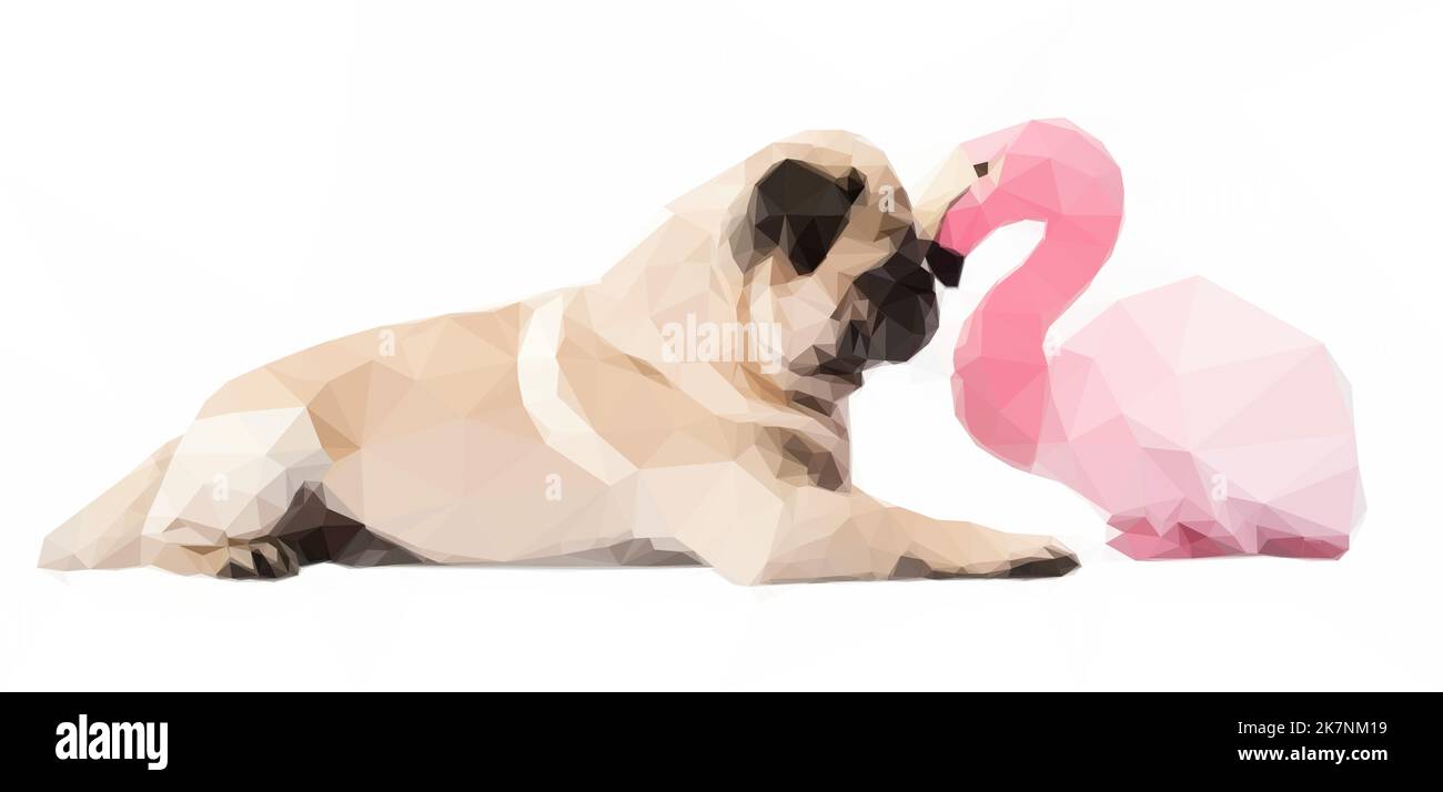 Kopf an Kopf - Pug Hund mag Flamingo. Vektor in Low Poly Art Stock Vektor