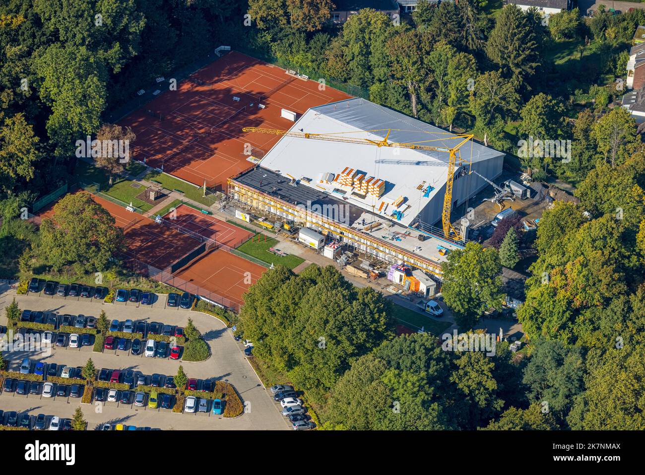 Luftaufnahme, Baustelle Tennisplatz, Tennisclub Unna 02 Grün-Weiss, Königsborn, Unna, Ruhrgebiet, Nordrhein-Westfalen, Deutschland, Constructio Stockfoto