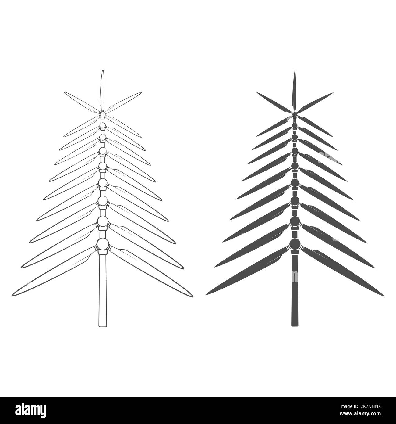 Set aus Schwarz-Weiß-Illustrationen mit Weihnachtsbaum aus Propellern, Windmühlenblättern, Windturbine. Isolierte Vektorobjekte auf weißem Backgroun Stock Vektor