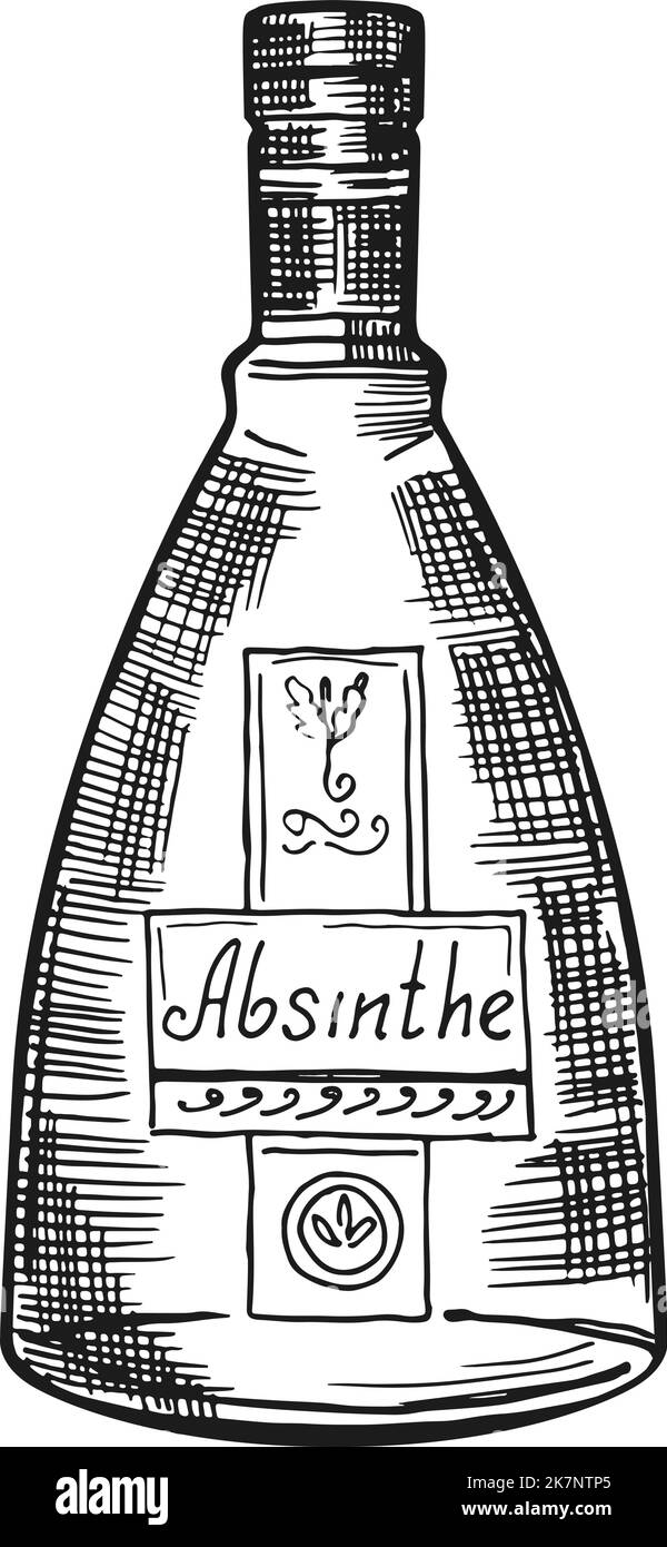 Absinthgravur. Flasche mit alkoholgetränken Getränken. Alkoholsymbol Stock Vektor