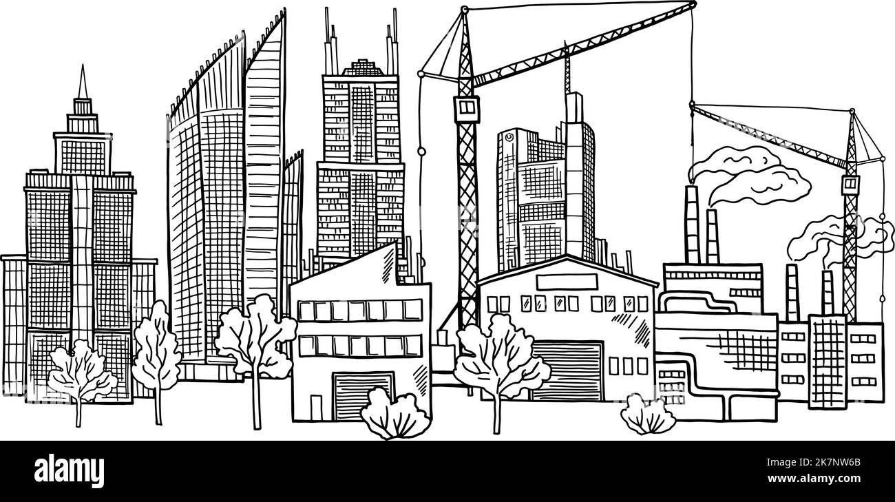 Stadtlandschaft im handgezeichneten Stil. Städtische Panoramaskizze Stock Vektor